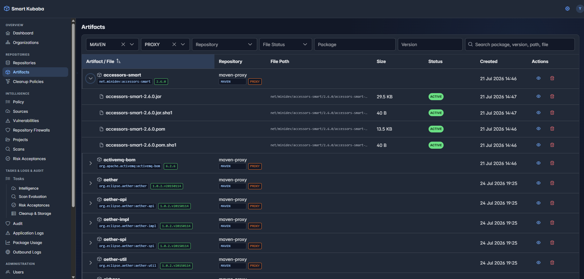 Smart Kubaba Maven artifact inventory