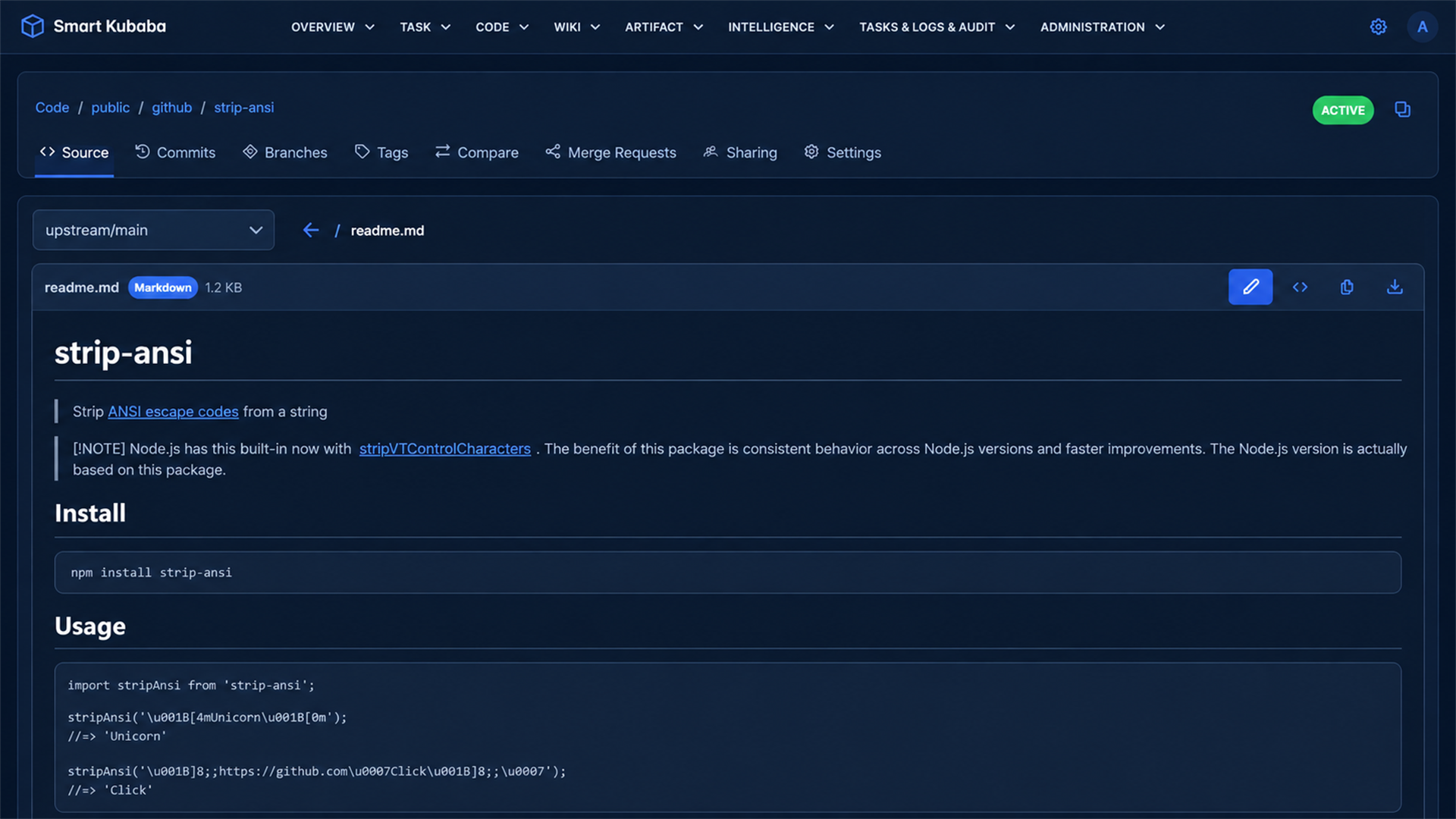 Smart Kubaba Source Code Management dark-theme repository source view