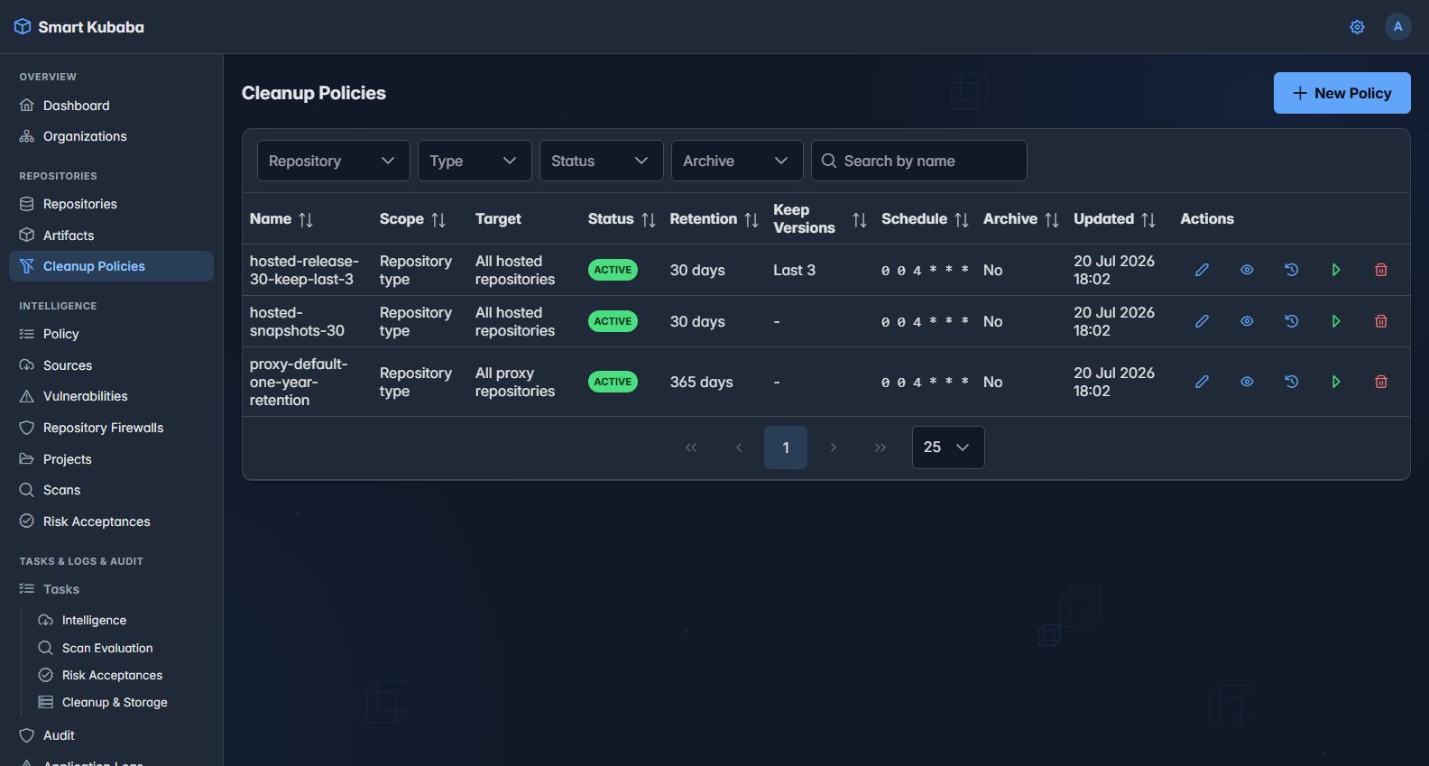 Smart Kubaba Cleanup Policies screen with scope, retention, keep-last, and schedule values