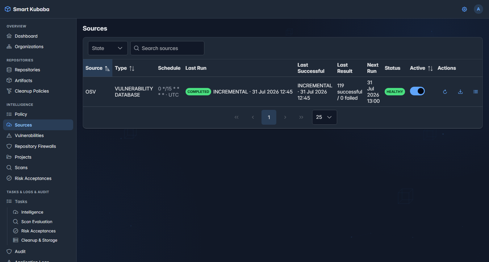 Smart Kubaba Sources screen with OSV synchronization state and counters