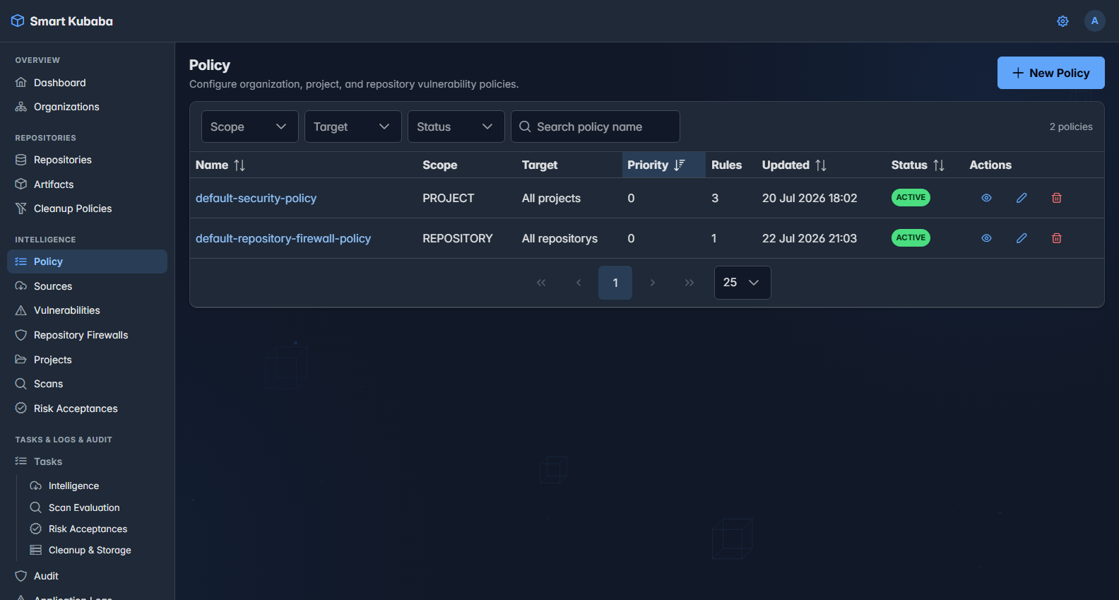 Smart Kubaba Policy screen with active project and repository-scoped policies