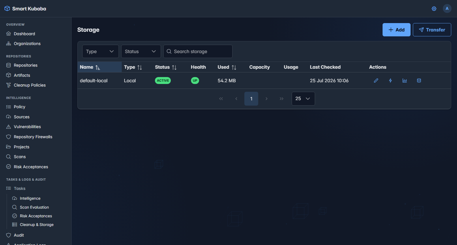 Smart Kubaba Storage screen with Local storage health, usage, and transfer actions