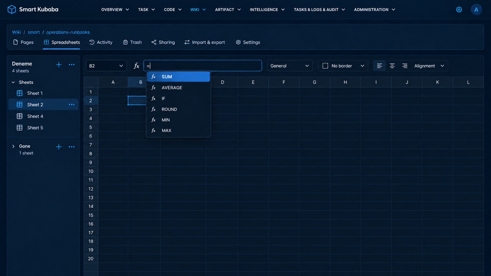 Smart Kubaba Doküman Yönetimi koyu tema Spreadsheet çalışma alanı