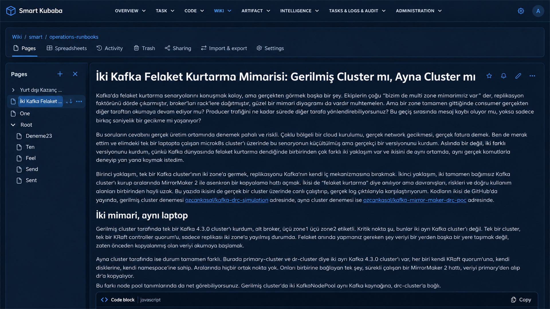 Smart Kubaba Doküman Yönetimi koyu tema Wiki sayfası