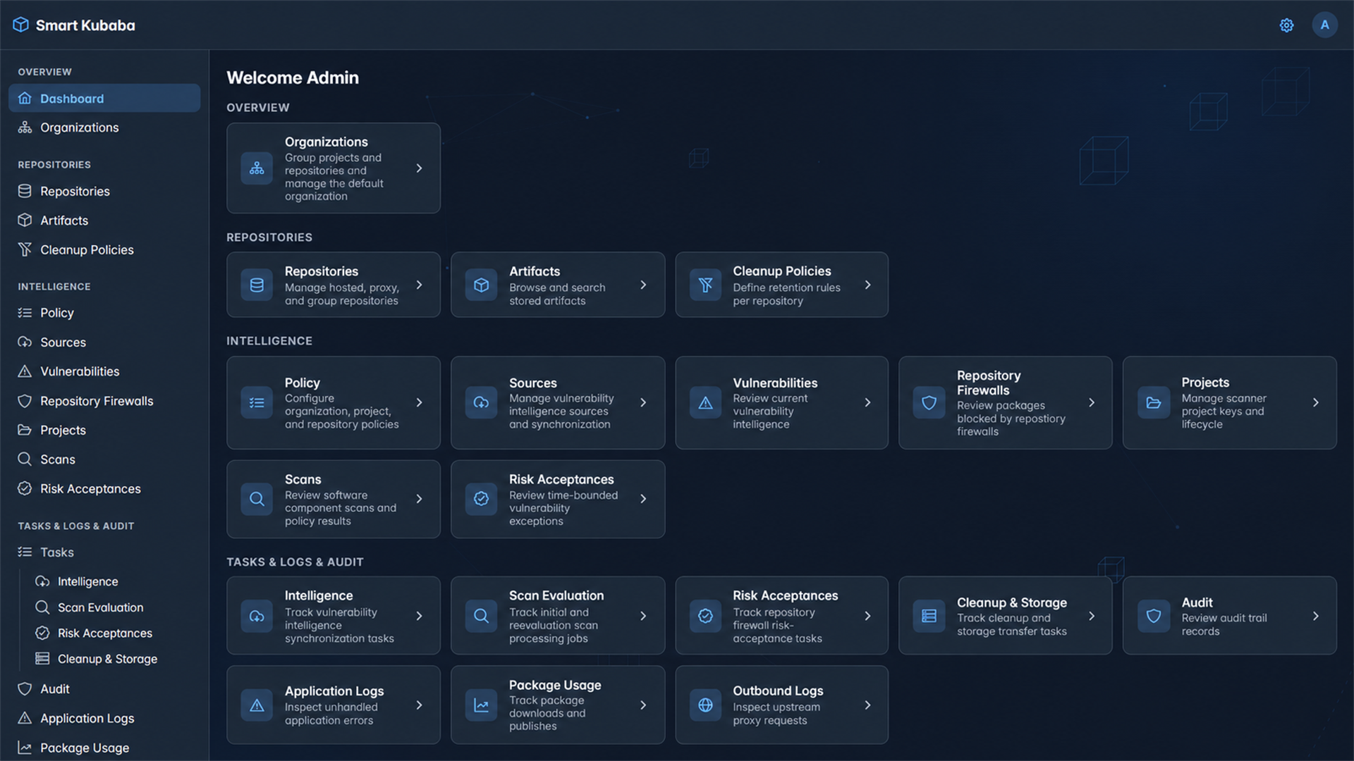 Smart Kubaba product areas dashboard