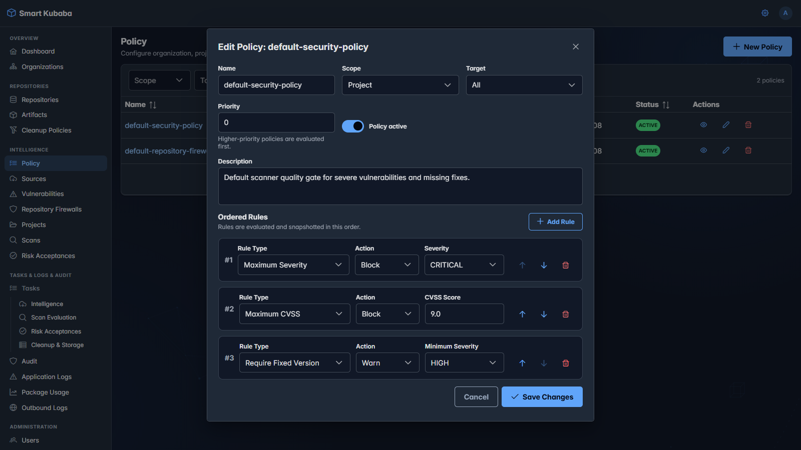 Smart Kubaba security policy and ordered rules
