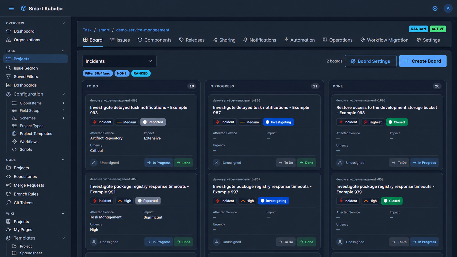 Smart Kubaba Task Management dark-theme Kanban board