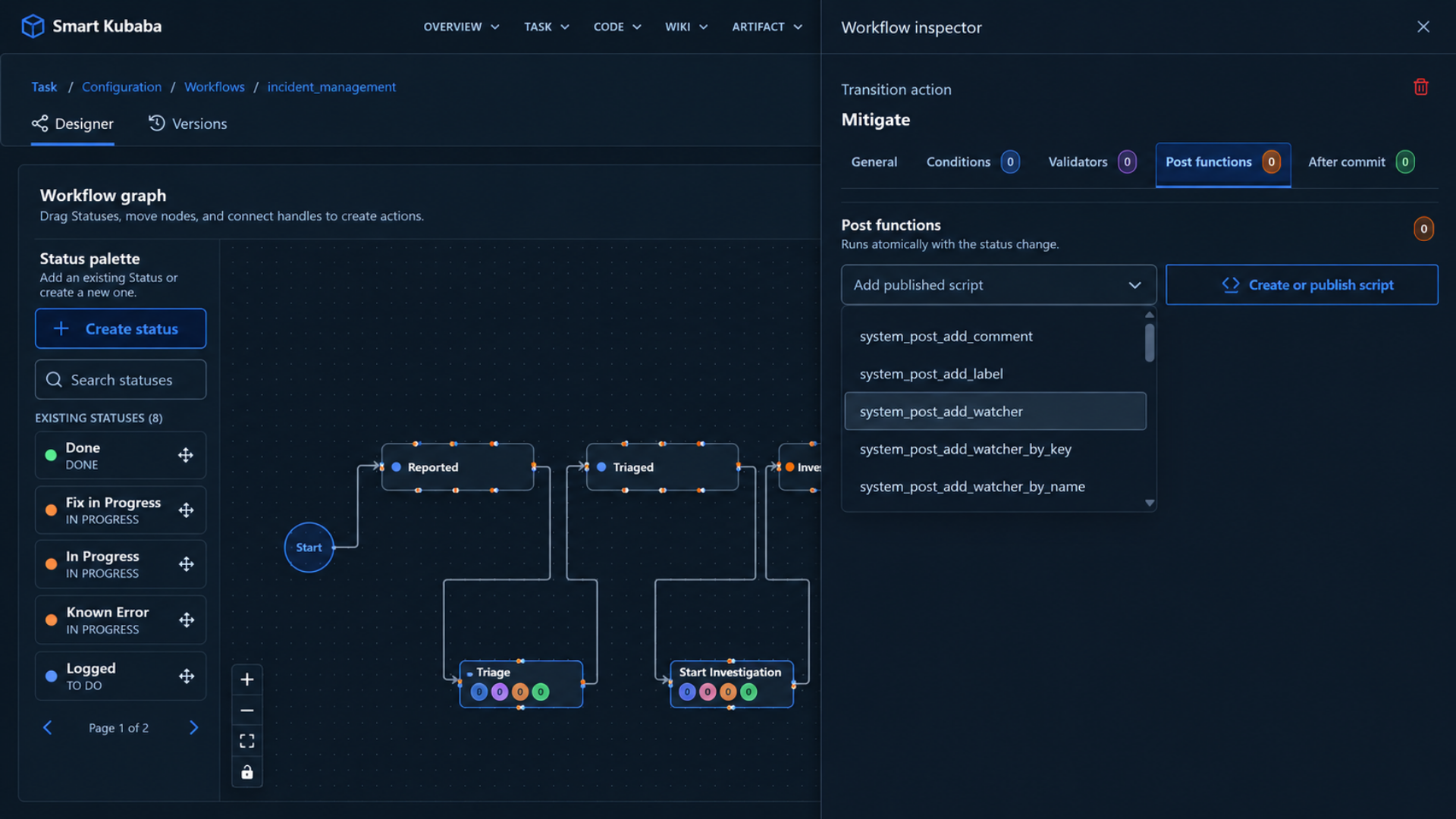 Smart Kubaba Task Management dark-theme workflow customization screen